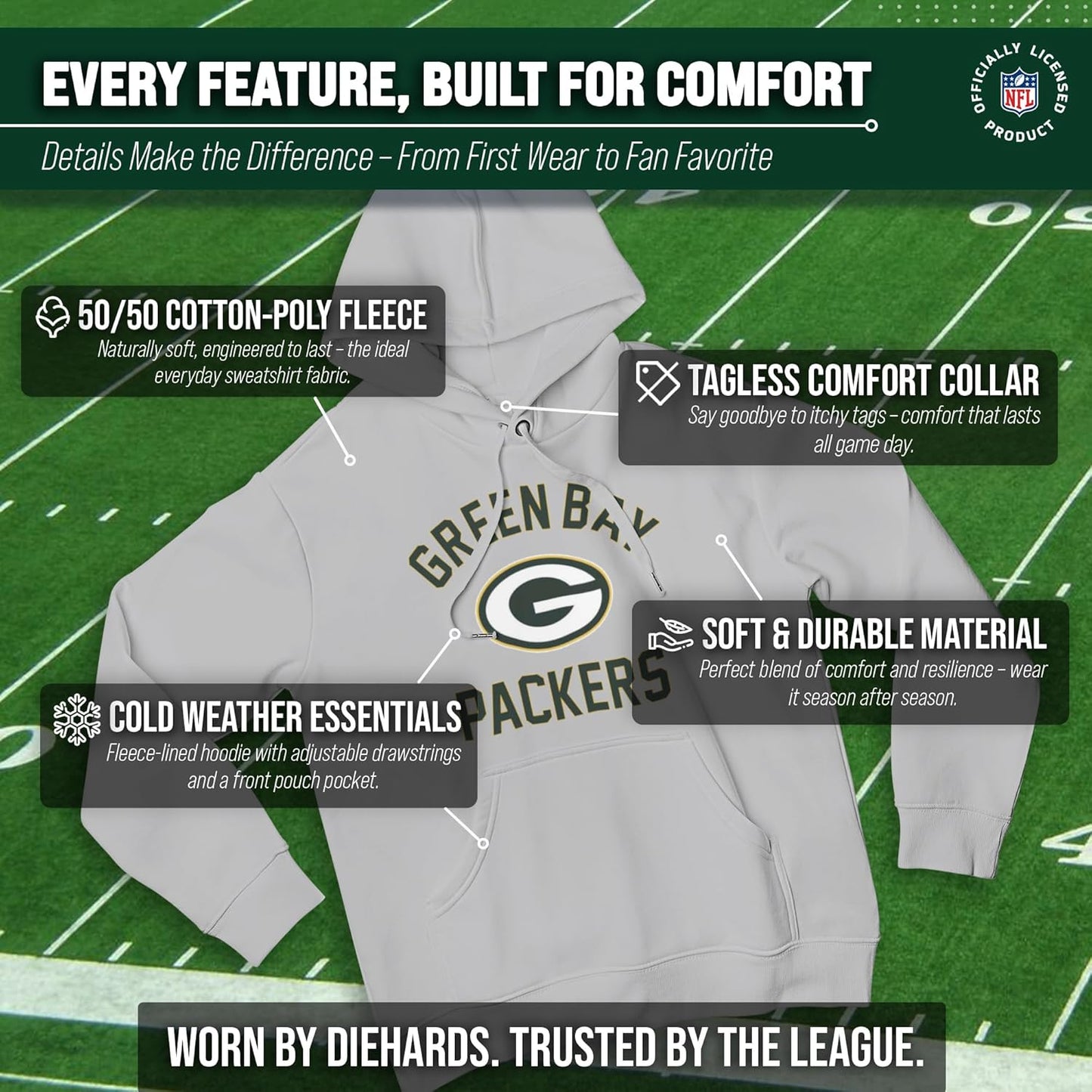 NFL Gameday Hoodie Pullover Sweatshirt for Men and Women | Officially Licensed NFL Gameday Fleece Pullover - Kangaroo Pocket, Ribbed Cuffs, Drawstring Hood, Unisex Fit
